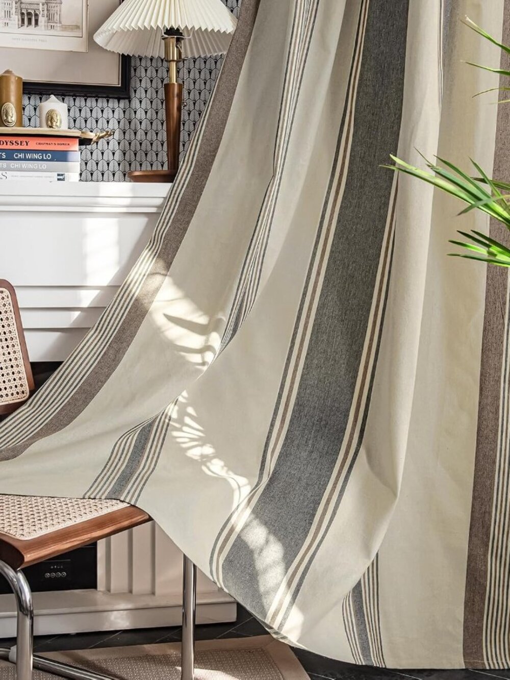 Tan Brown and Grey Striped Curtains 2 Panels Set, Modern Farmhouse Vintage Patte
